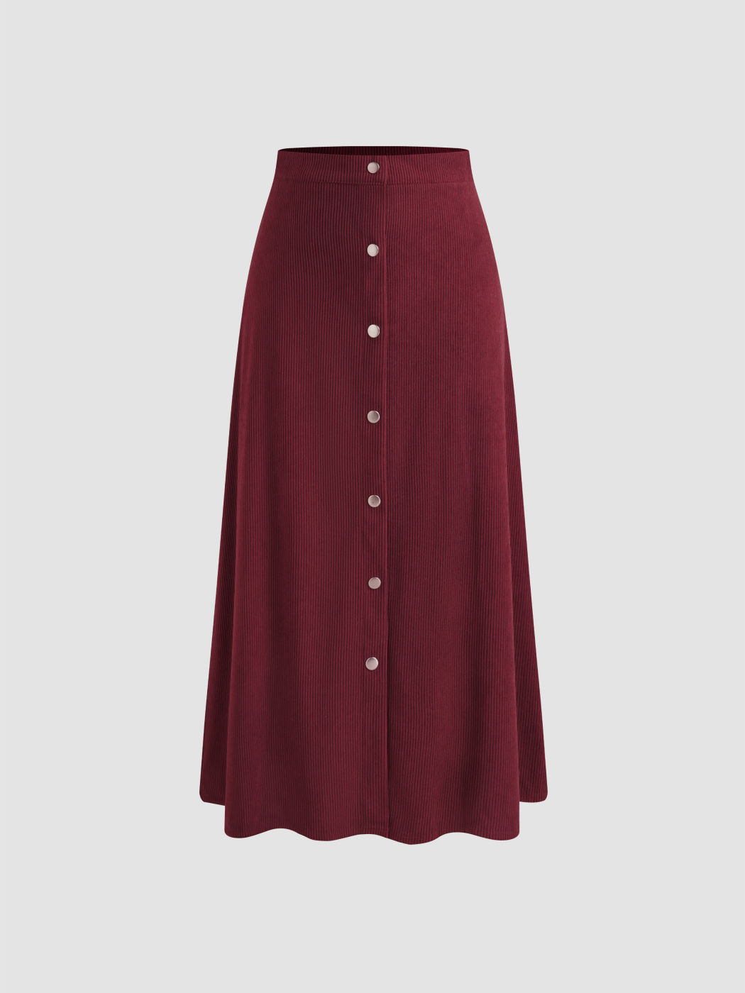 Corduroy Mid Rise Solid Button Ruffle Midi Skirt