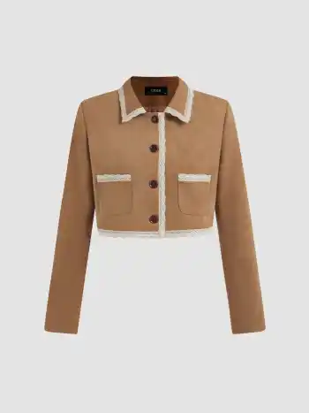 Suede Collar Solid Contrasting Binding Zipper Crop Bomber Jacket