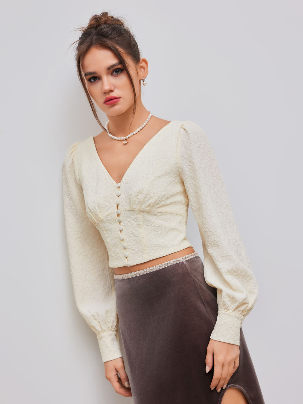 Jacquard V-neck Floral Button Long Sleeve Crop Blouse