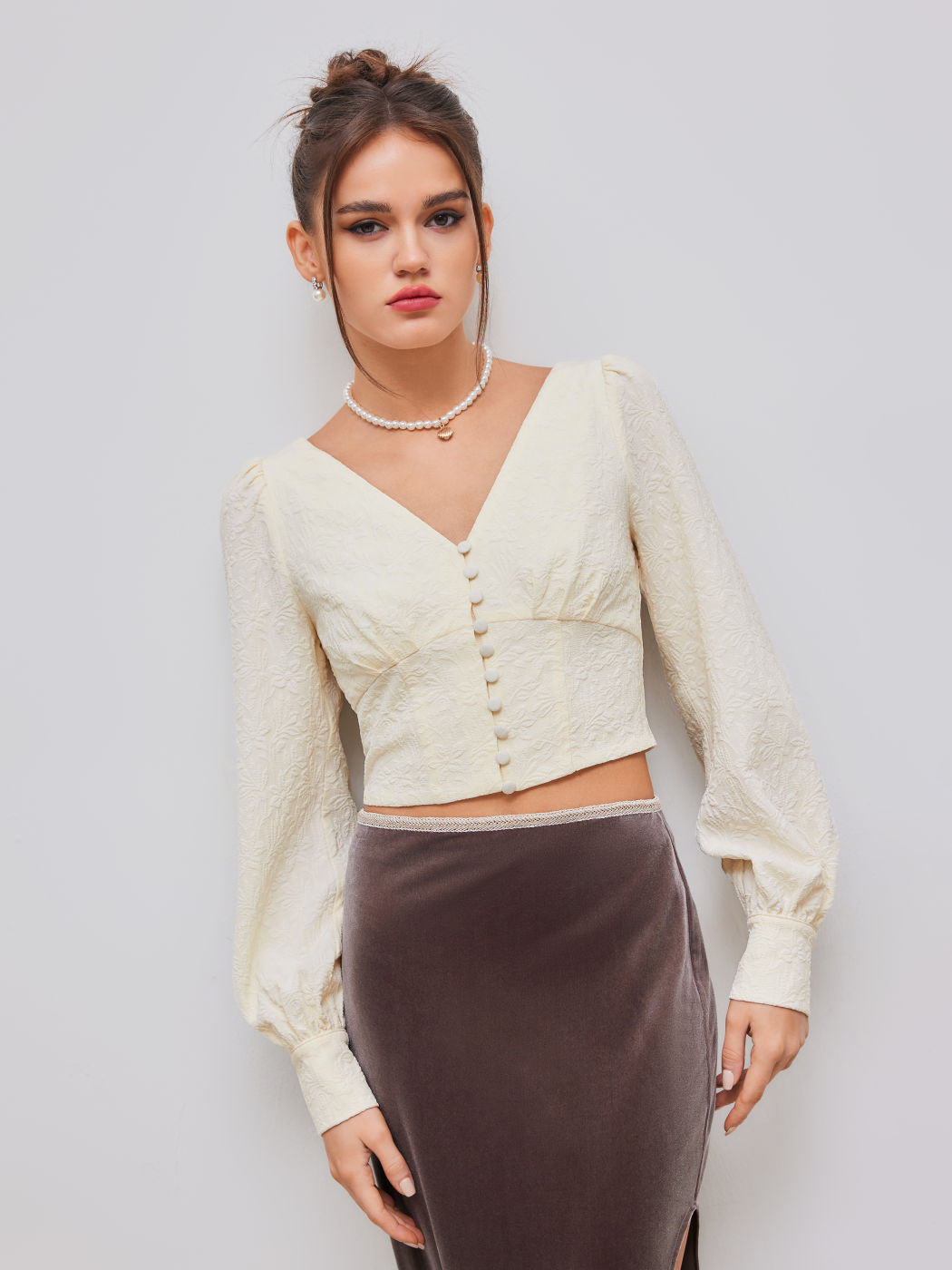 Jacquard V-neck Floral Button Long Sleeve Crop Blouse