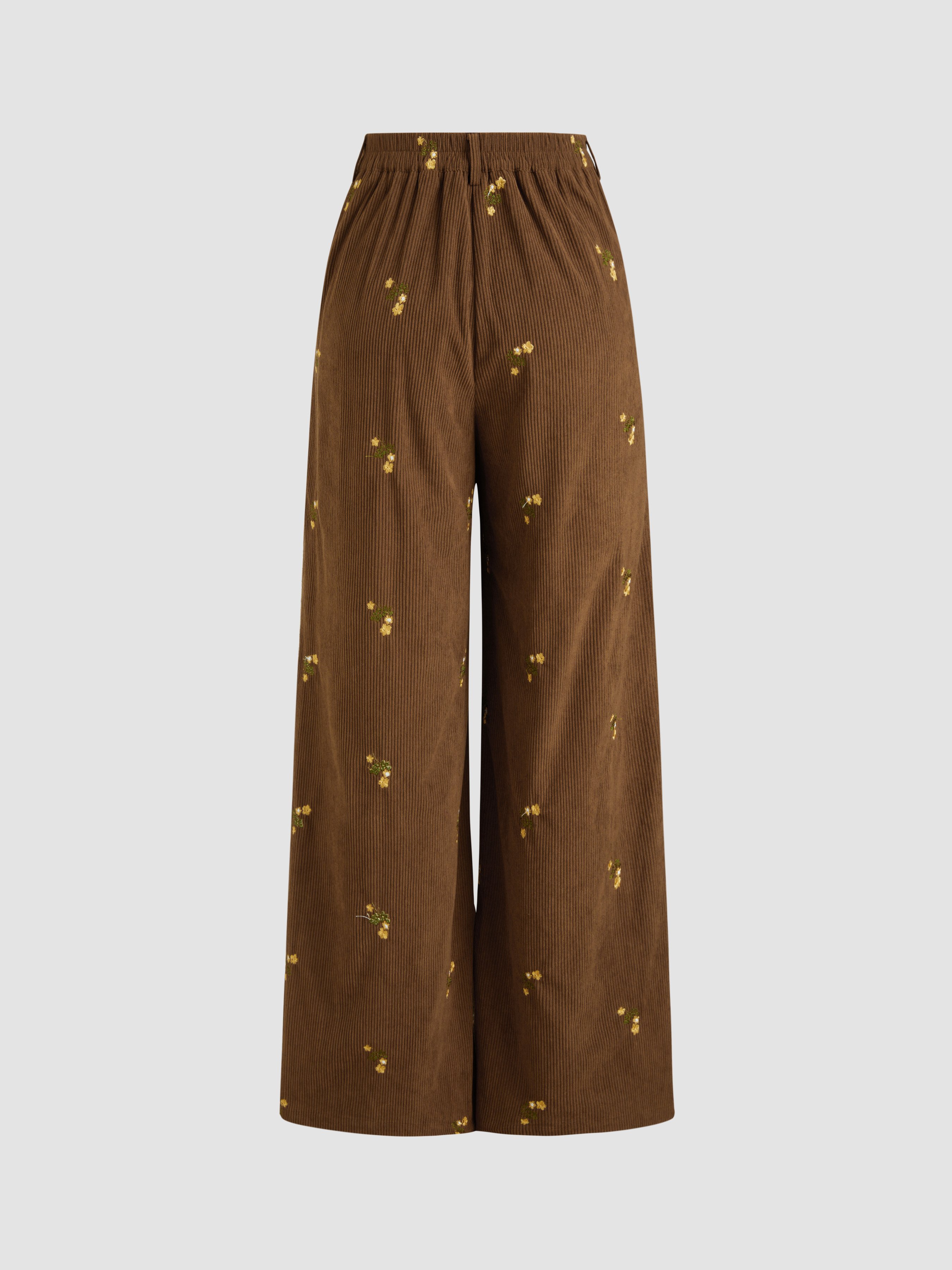 Corduroy Corduroy Mid Rise Floral Embroidery Zipper Wide Leg 