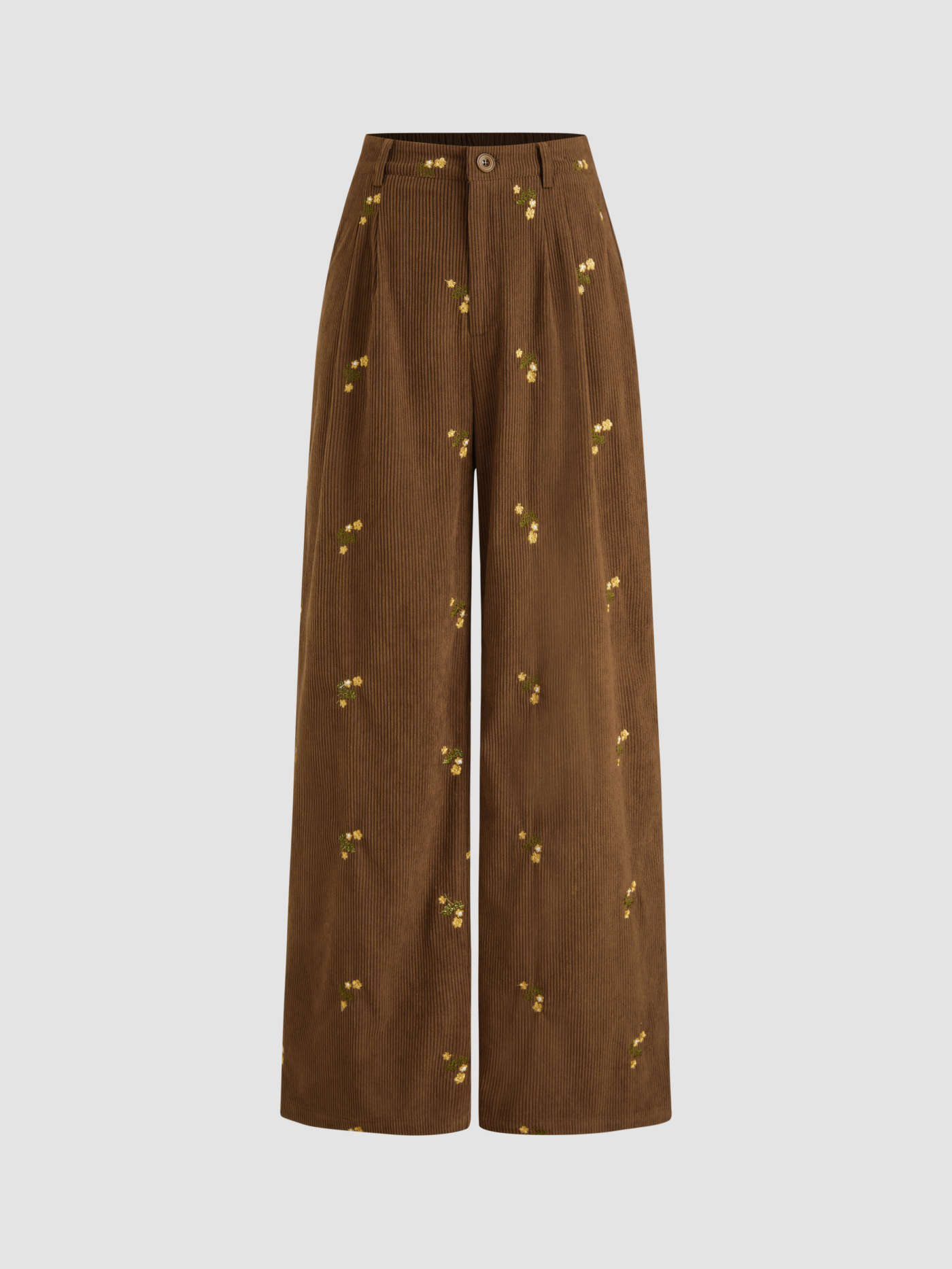 Corduroy Mid Rise Floral Embroidery Zipper Wide Leg Trousers