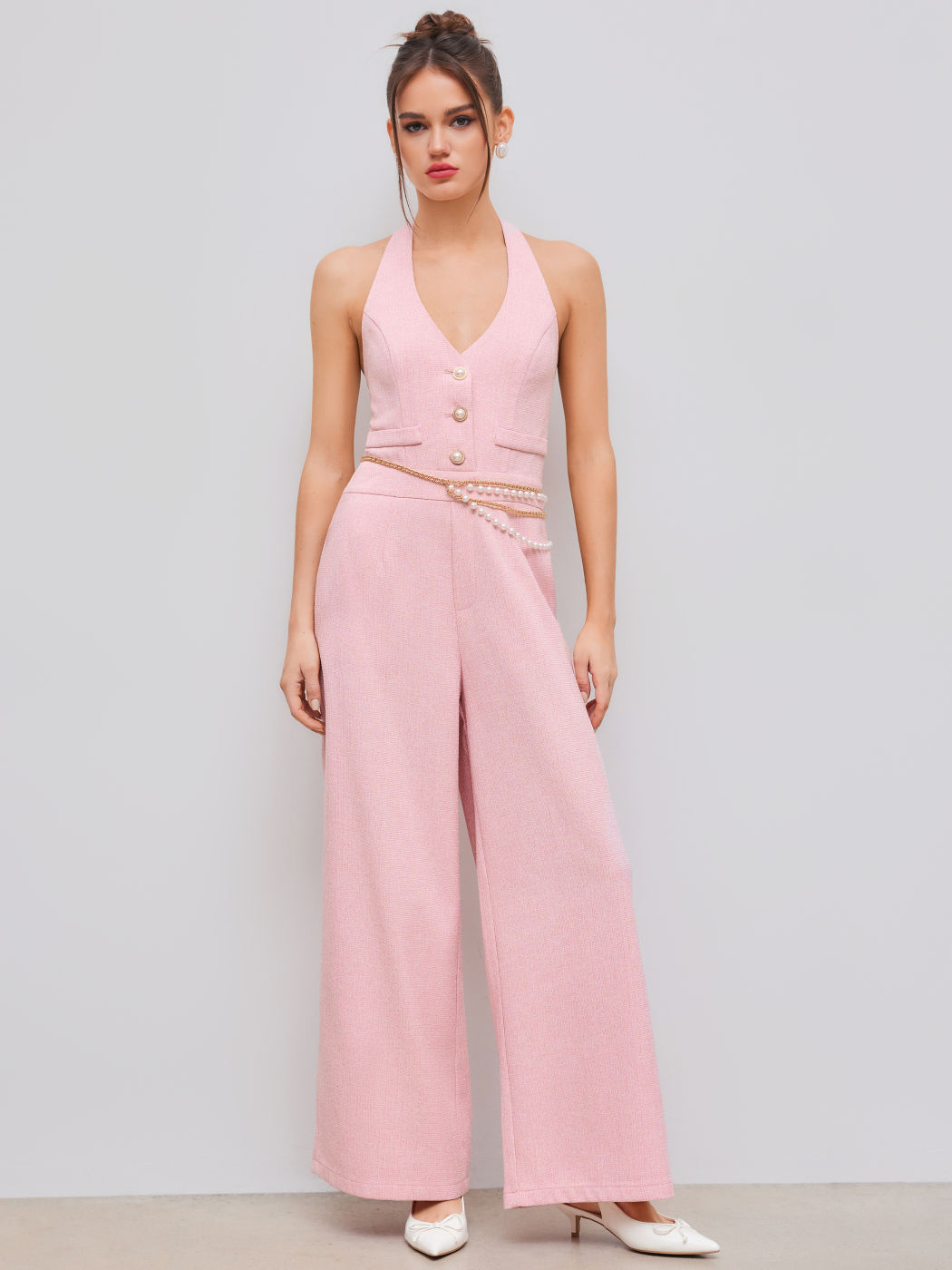 Tweed Halter Neckline Solid Pocket Faux Pearl Button Jumpsuit