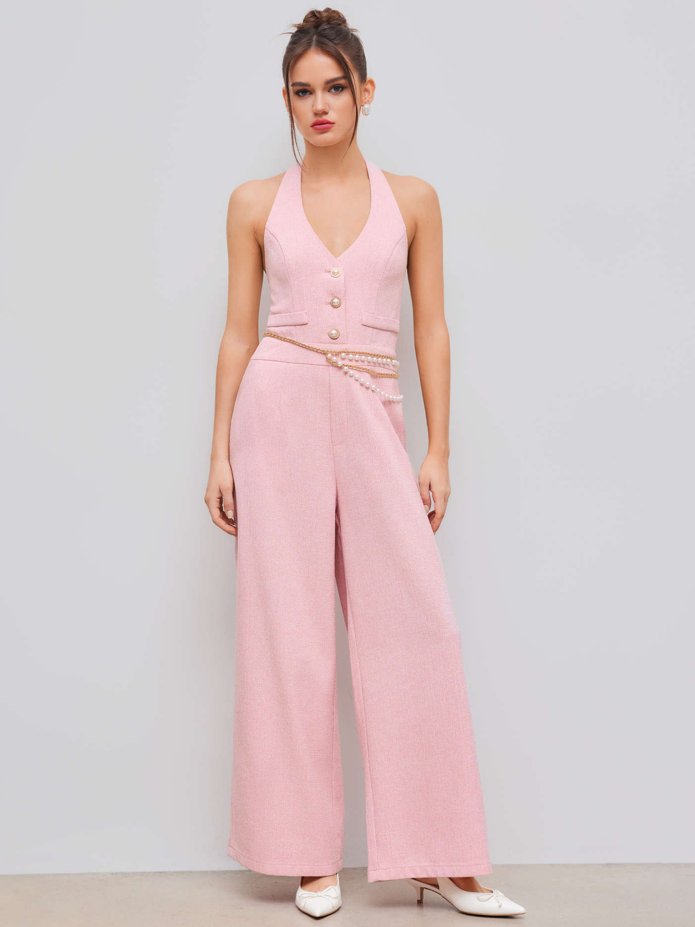 Tweed Halter Neckline Solid Pocket Faux Pearl Button Jumpsuit