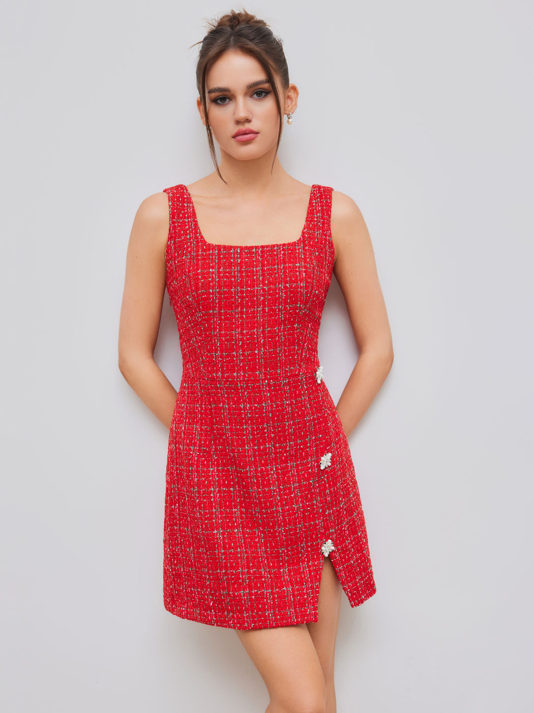 Tweed Square Neck Solid Pearl Button Split Mini Dress