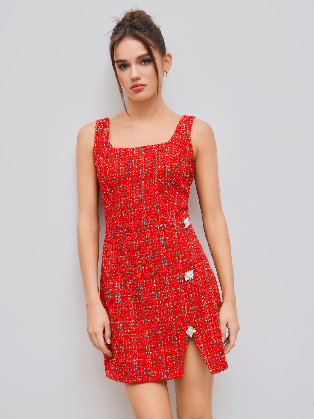 Tweed Square Neck Solid Pearl Button Split Mini Dress
