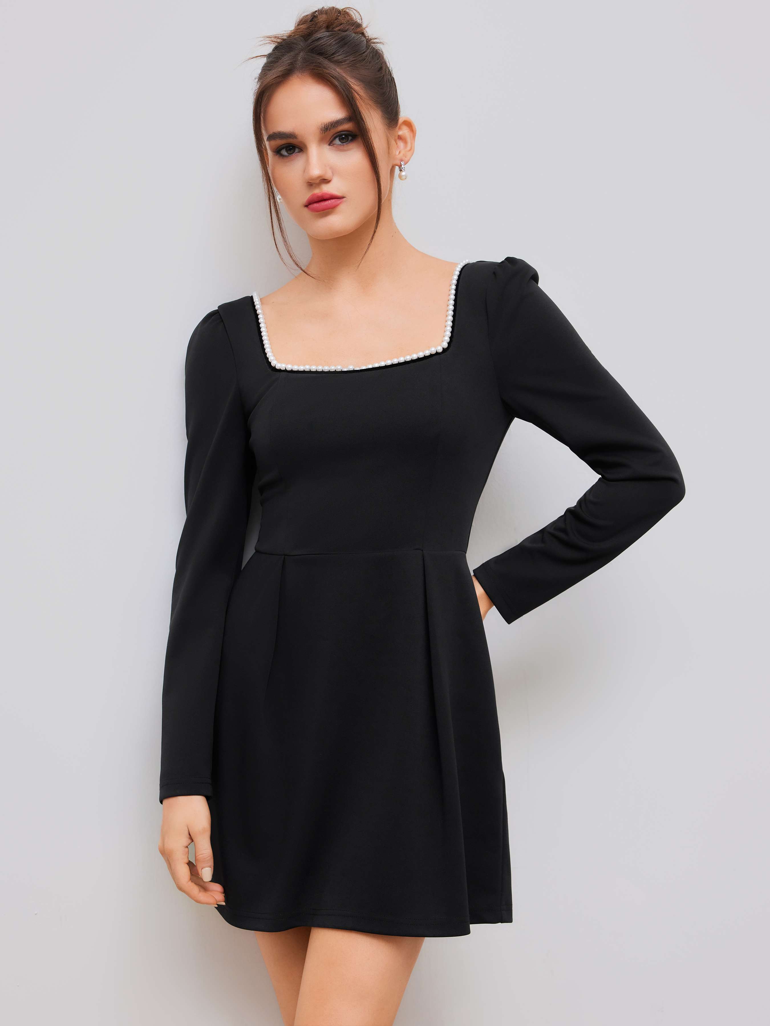 『Cider』スクエアネックソリッドちょう結びミニドレス Square Neck Solid Bowknot Mini Dress For Date Picnic