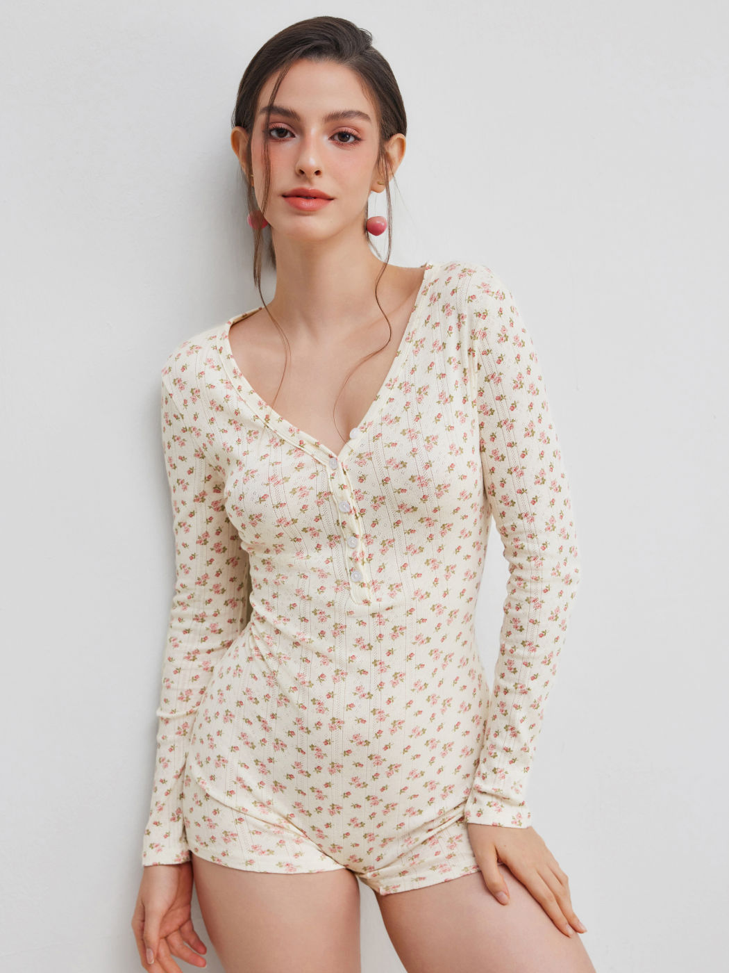 V-neck Floral Button Lounge Romper