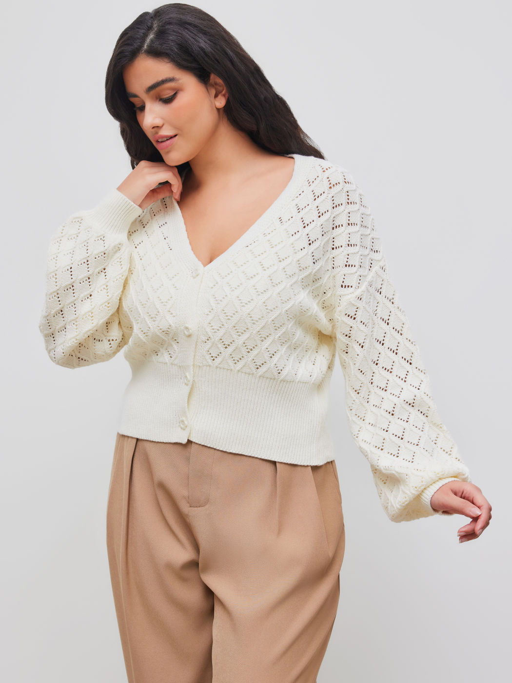 Knit V-neck Solid Hollow Out Button Cardigan Curve & Plus