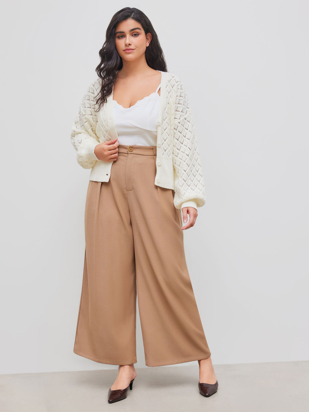 Knit V-neck Solid Hollow Out Button Cardigan Curve & Plus