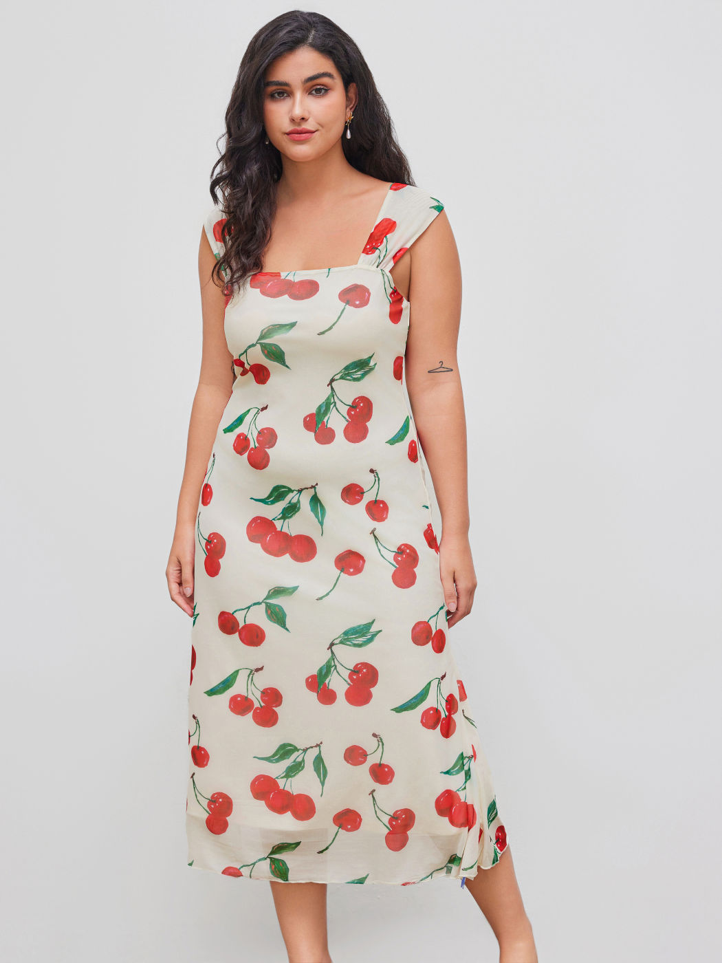 Mesh Square Neck Cherry Graphic Maxi Dress Curve & Plus