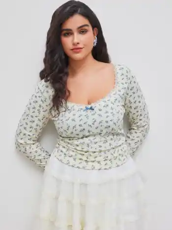 V-neck Floral Bowknot Lace Trim Ruched Long Sleeve Top Curve & Plus