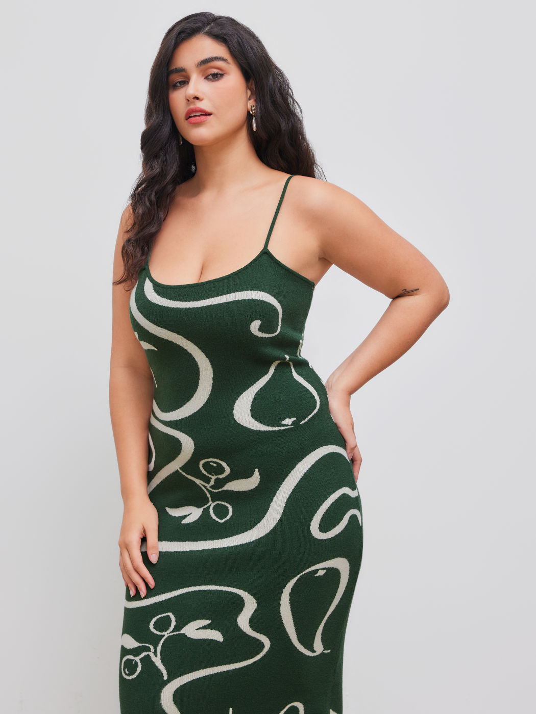 Knitted Square Neck Abstract Sleeveless Midi Dress Curve & Plus