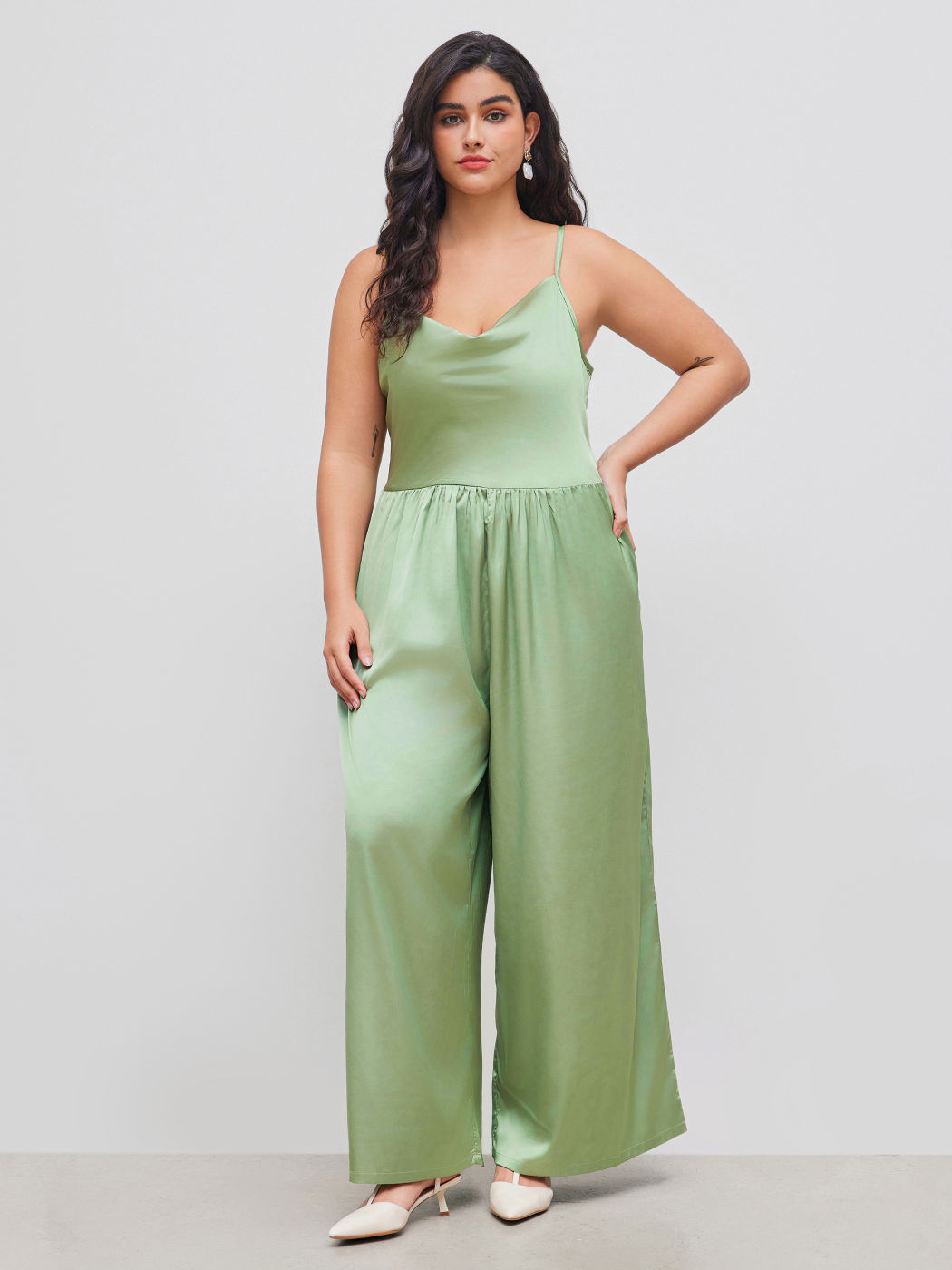 Satin Cowl Neck Butterfly Pocket Zipper Jumpsuit Curve & Plus