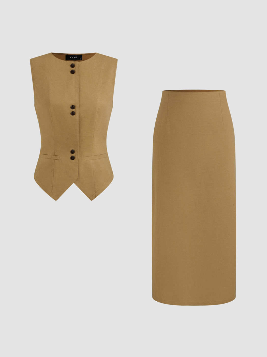 Cotton-blend Round Neckline Solid Button Vest & Mid Rise Solid Midi Skirt Set