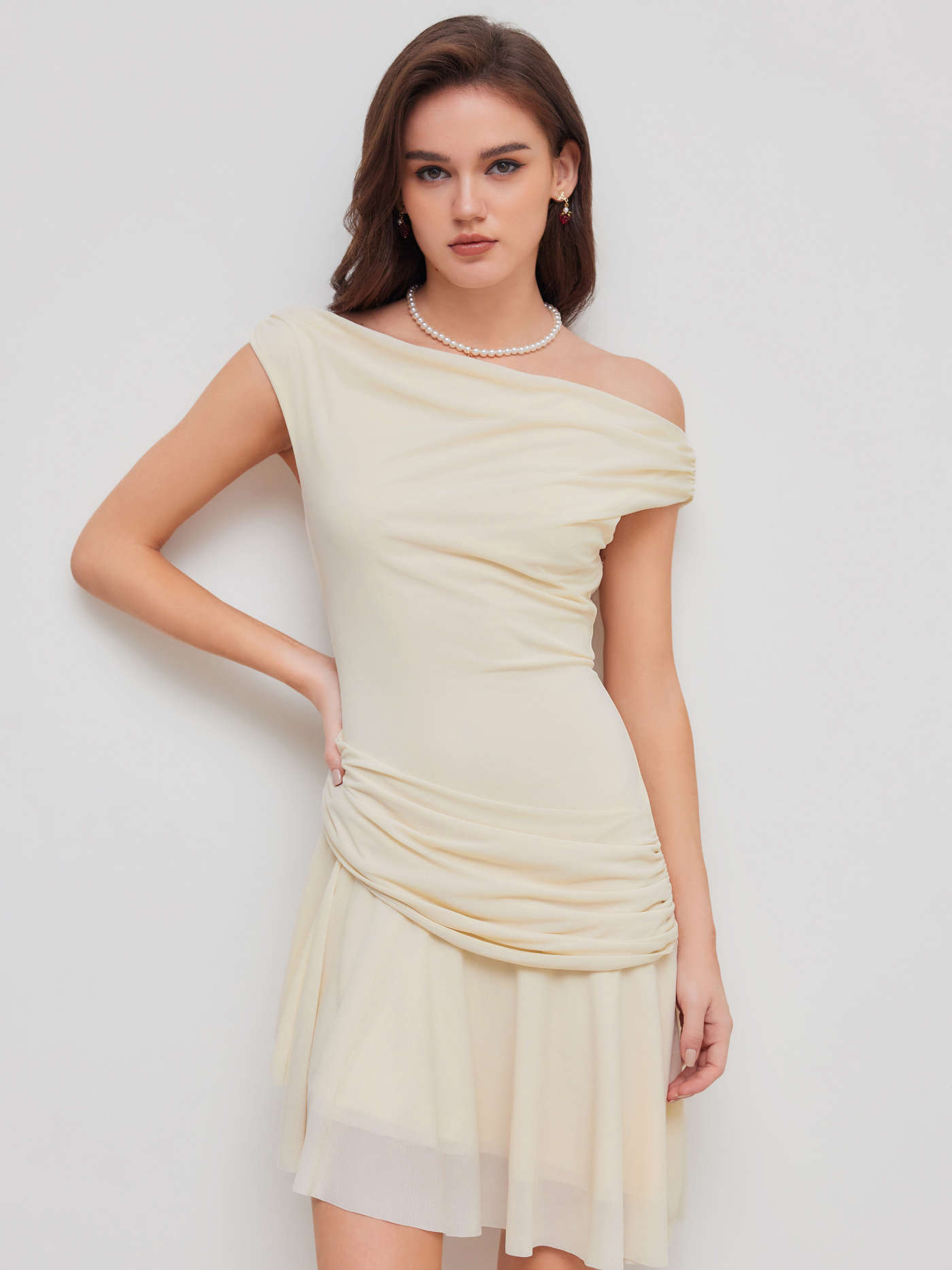 Cowl Neck Solid Ruched Ruffle Asymmetrical Hem Mini Dress