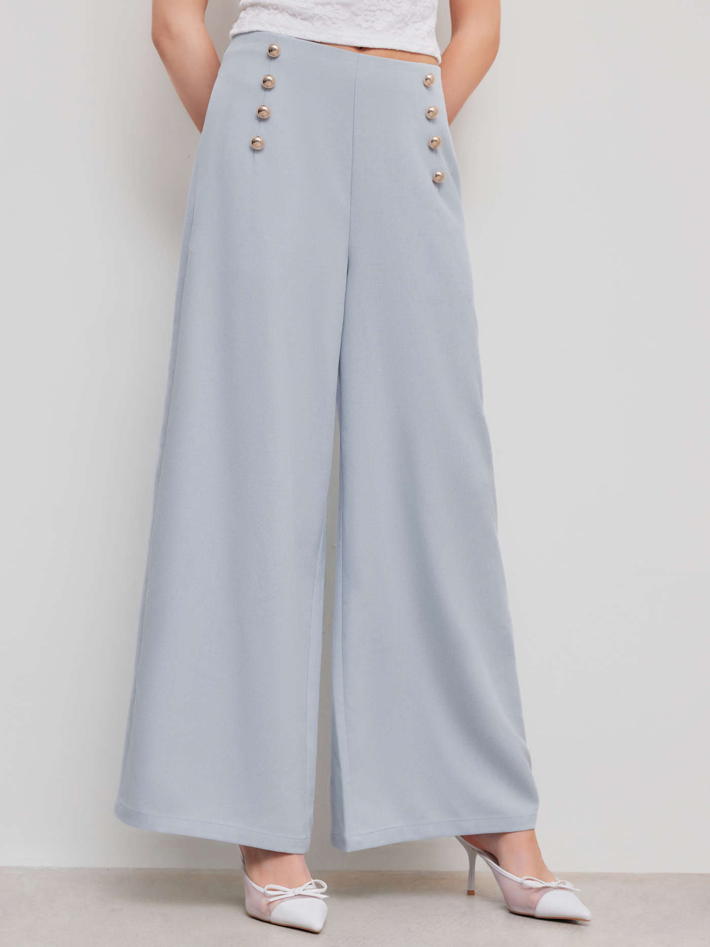 Mid Rise Solid Button Pocket Wide Leg Trousers