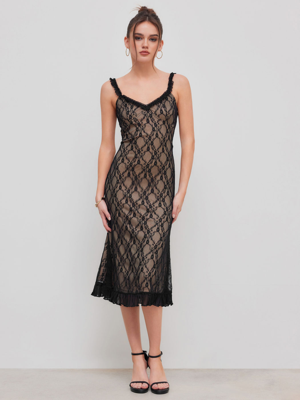 Spitzen V-Ausschnitt Rüschen Ärmelloses Maxikleid