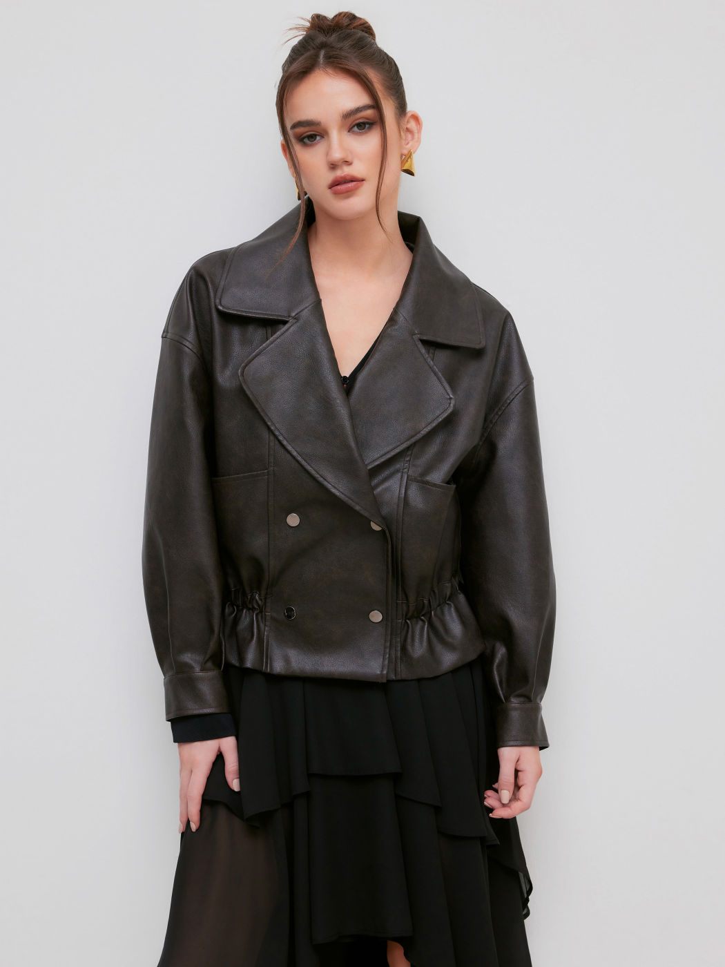 Oversized Faux Leather Ruffle Double Breasted Jacket