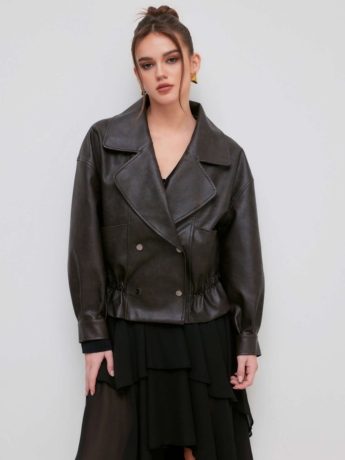 Oversized Faux Leather Ruffle Double Breasted Jacket