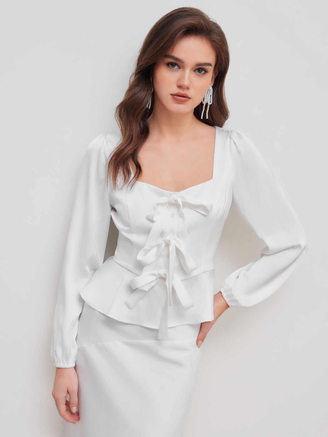 Satin Square Neck Ruffle Hem Bowknot  Long Sleeve Blouse