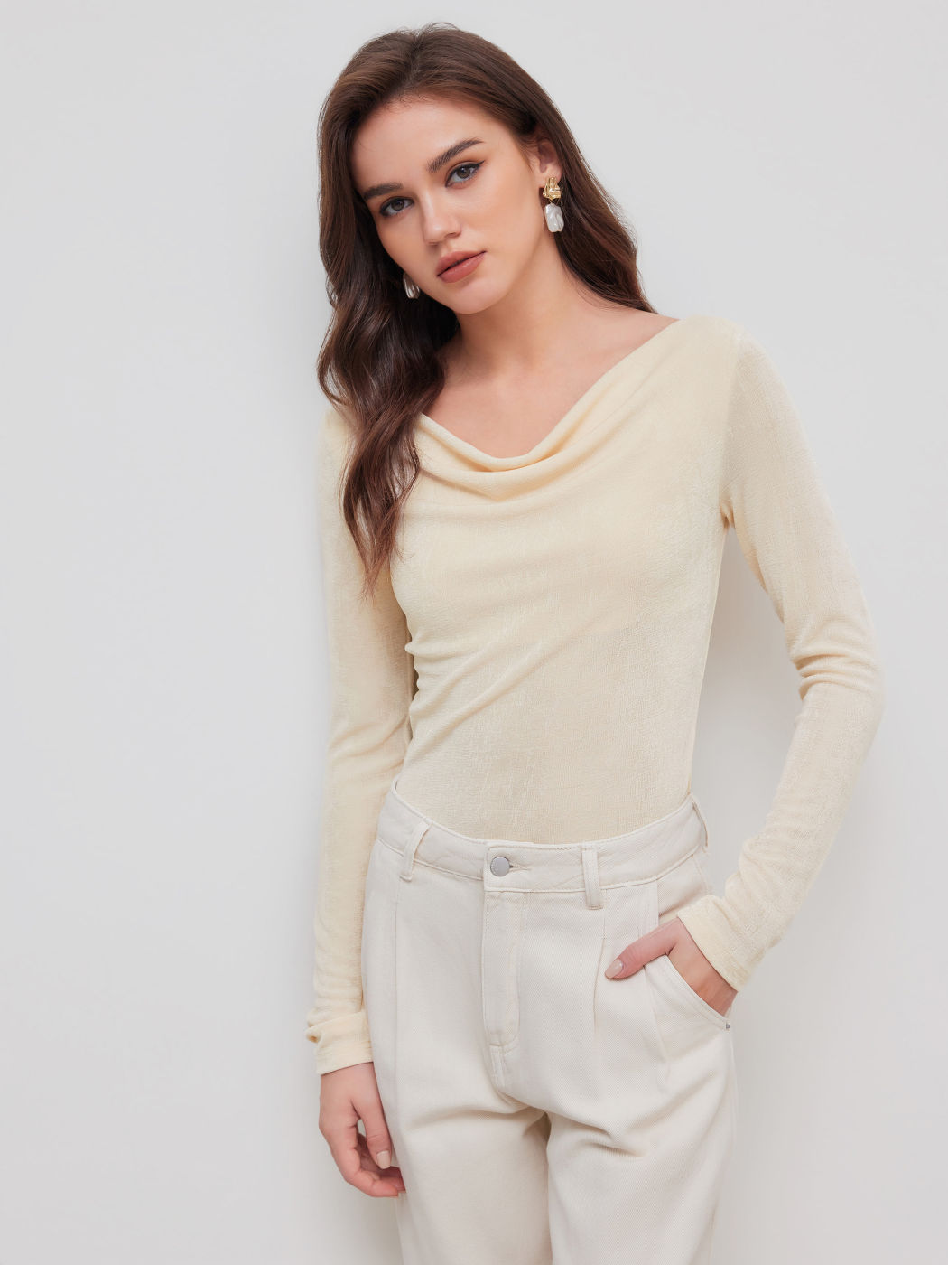 Jersey Cowl Neck Solid Ruched Long Sleeve Top