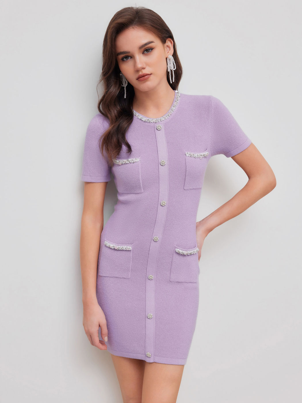 Strick Rundhals Einfarbig Strass & Perlenknopf Minikleid