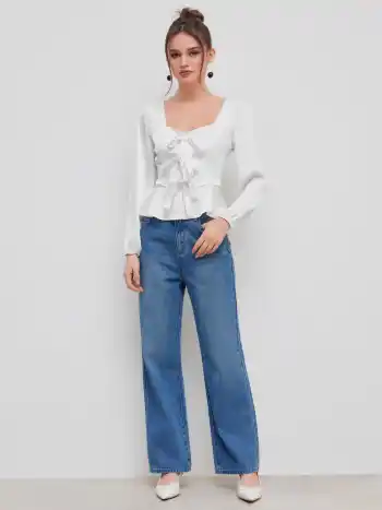 Satin Rüschen Saum Schleife Langarm Blusen