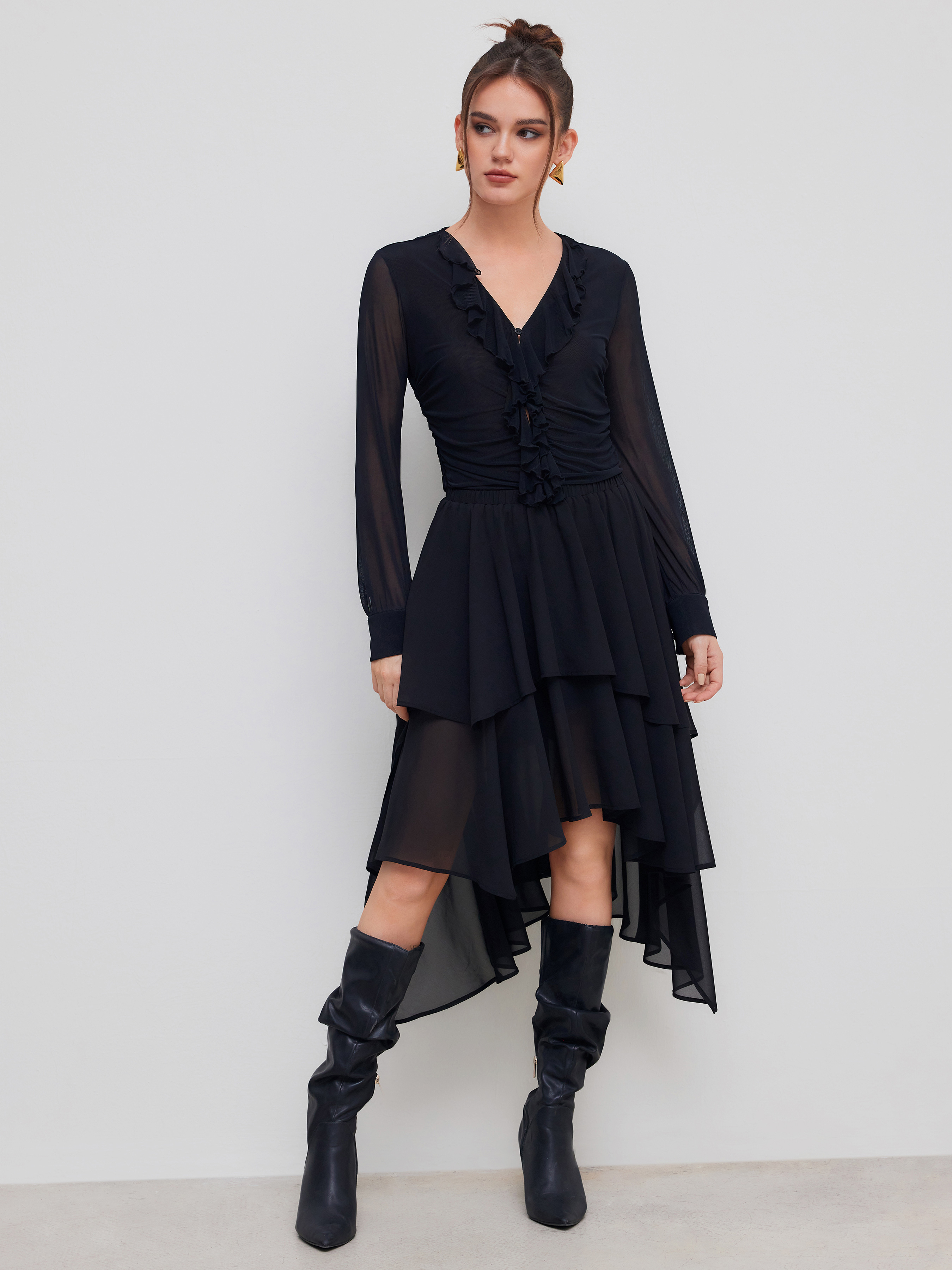 City Chic Woven Mid Rise Solid Ruffle Asymmetrical Hem Maxi