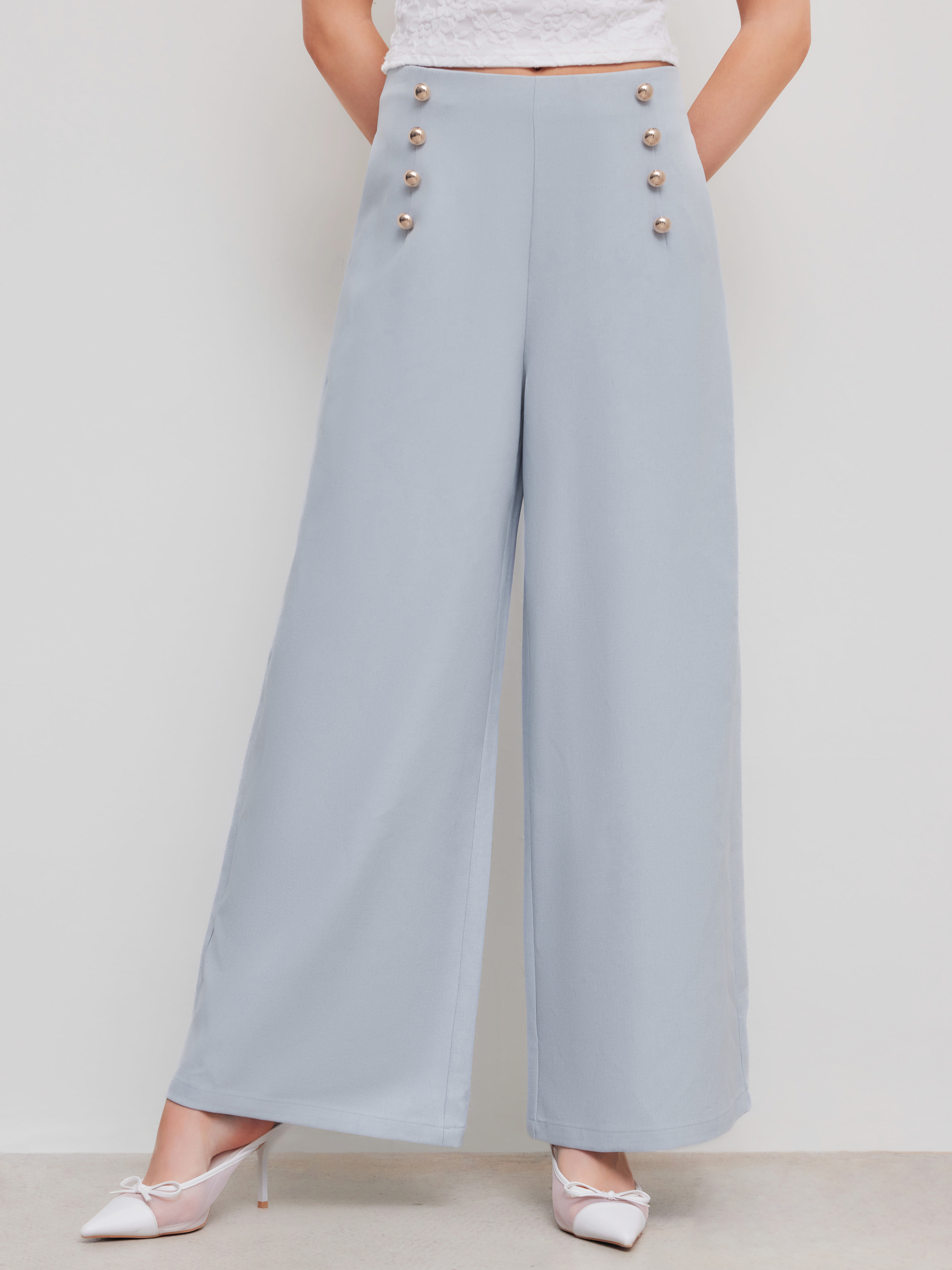 Mid Rise Solid Button Pocket Wide Leg Trousers
