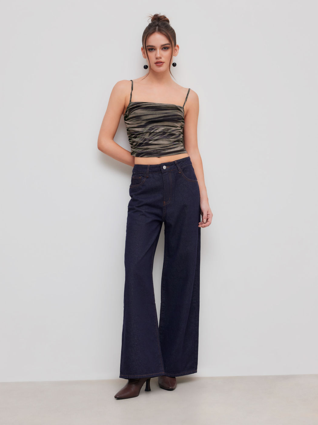 Mesh Square Neck Abstract Ruched Crop Cami Top