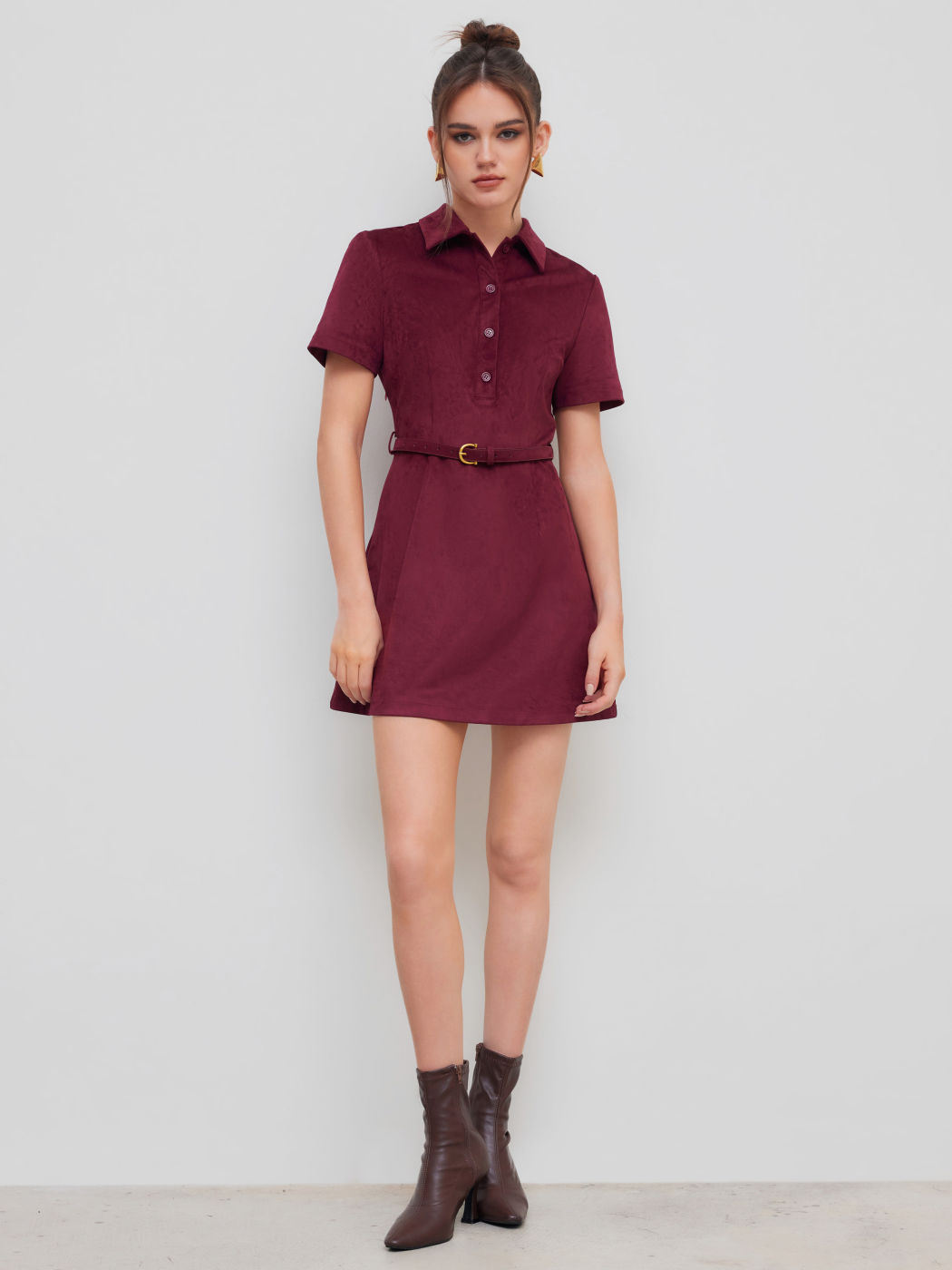 Suede Collar Solid Mini Shirt Dress With Belt