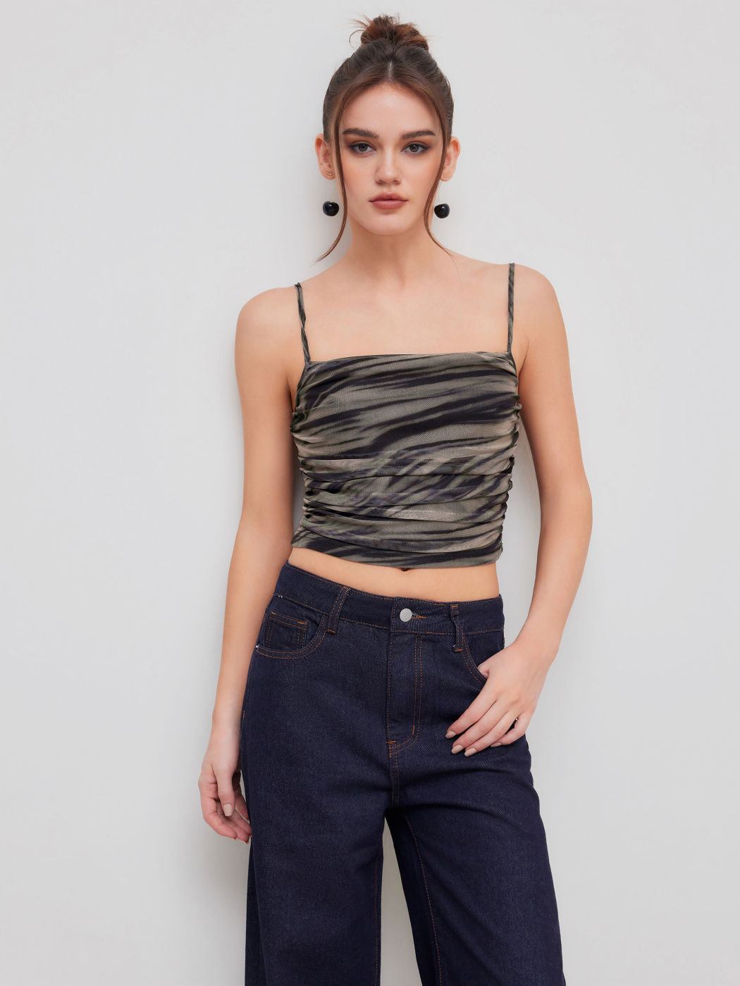 Mesh Square Neck Abstract Ruched Crop Cami Top