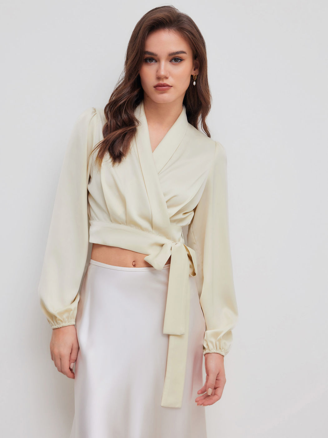 Satin V-neck Solid Knotted Long Sleeve Crop Blouse