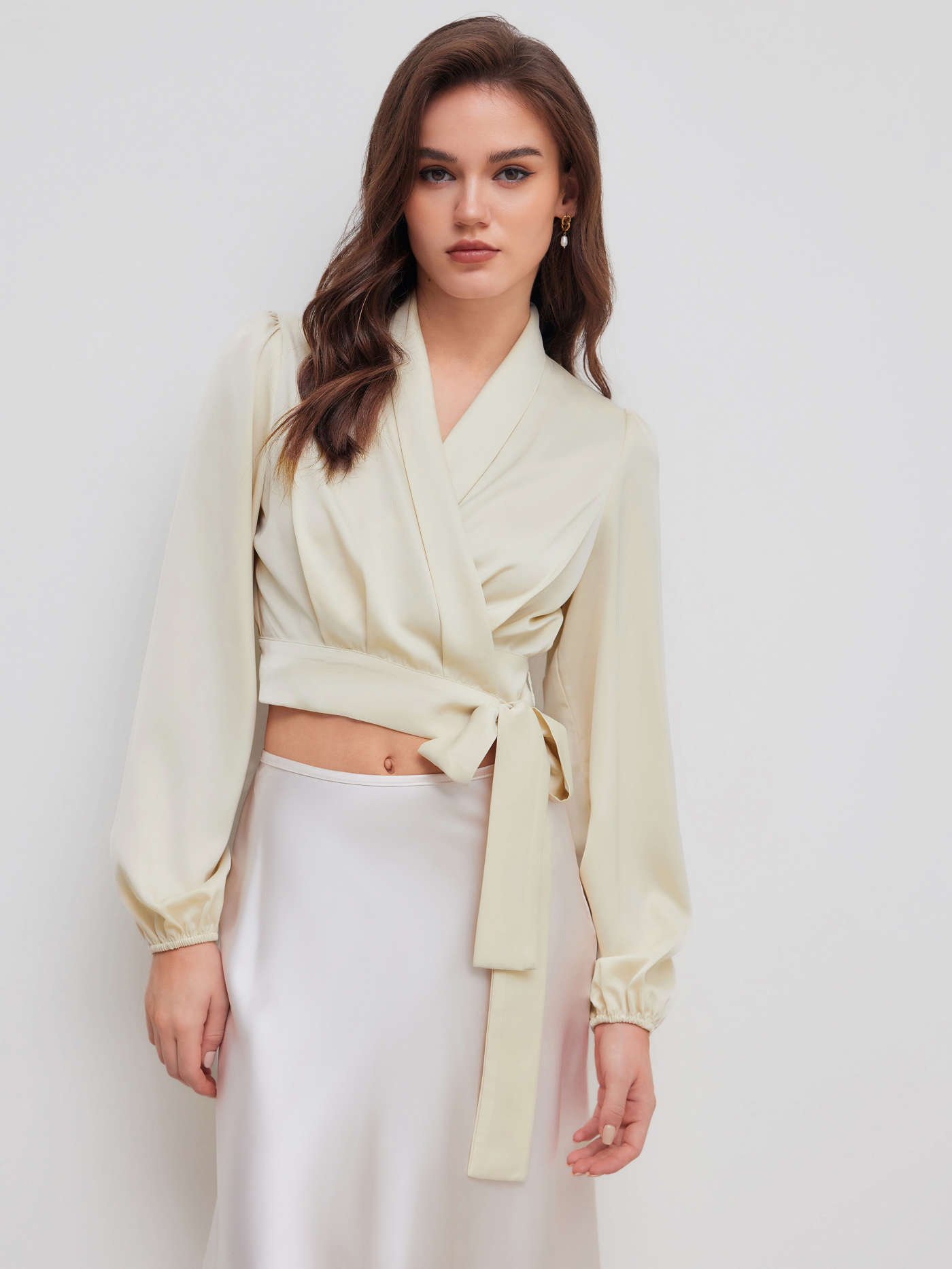 Satin V-neck Solid Knotted Long Sleeve Crop Blouse
