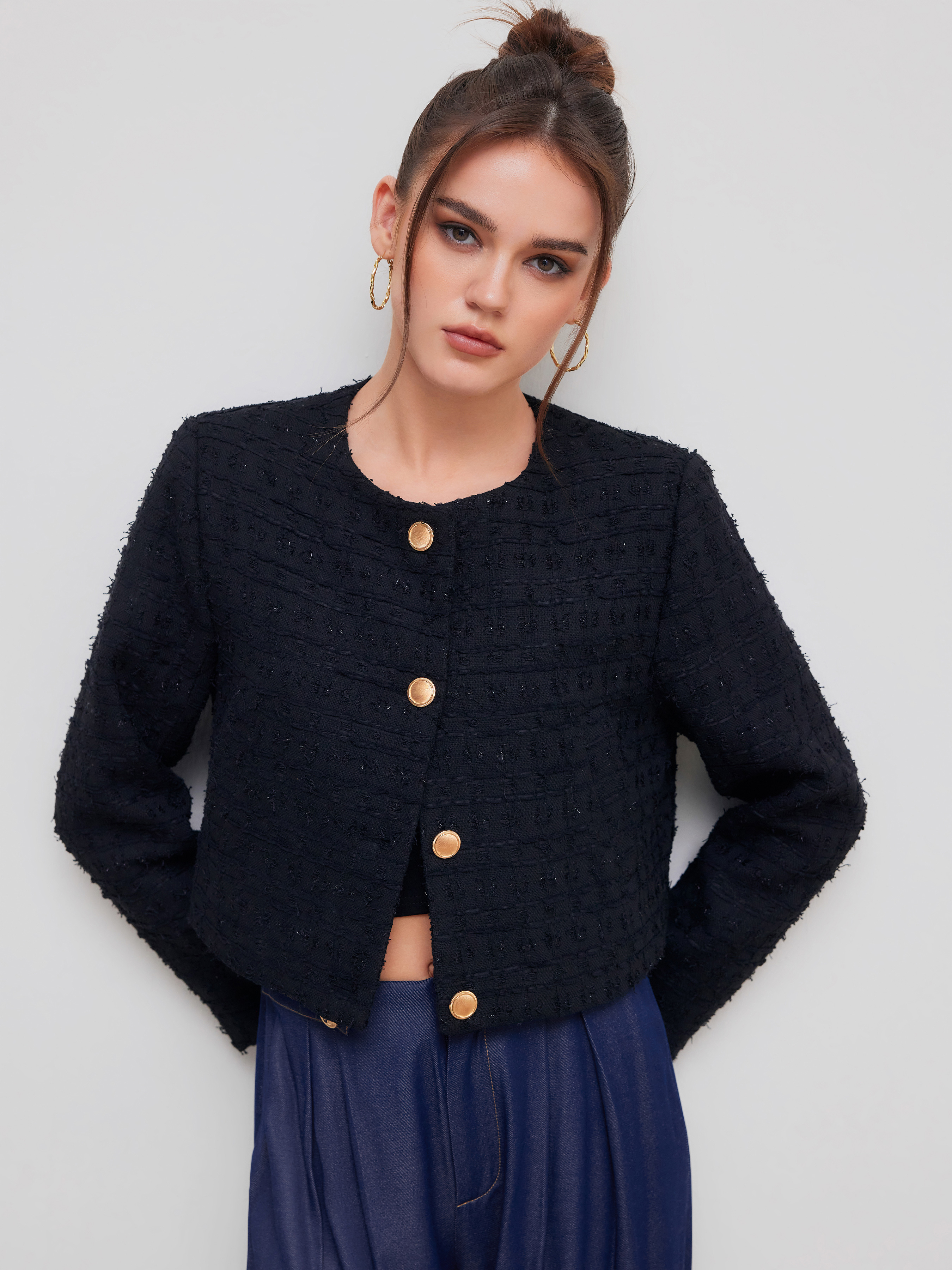 Tweed Tweed Round Neckline Solid Button Jacket For Work