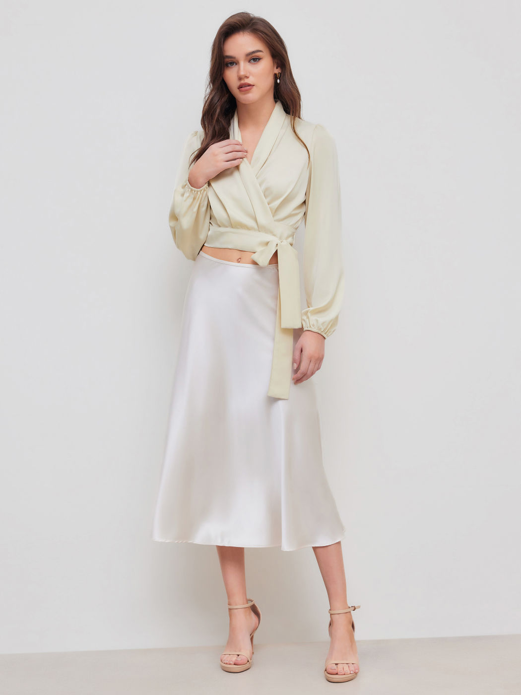 Satin V-neck Solid Knotted Long Sleeve Crop Blouse