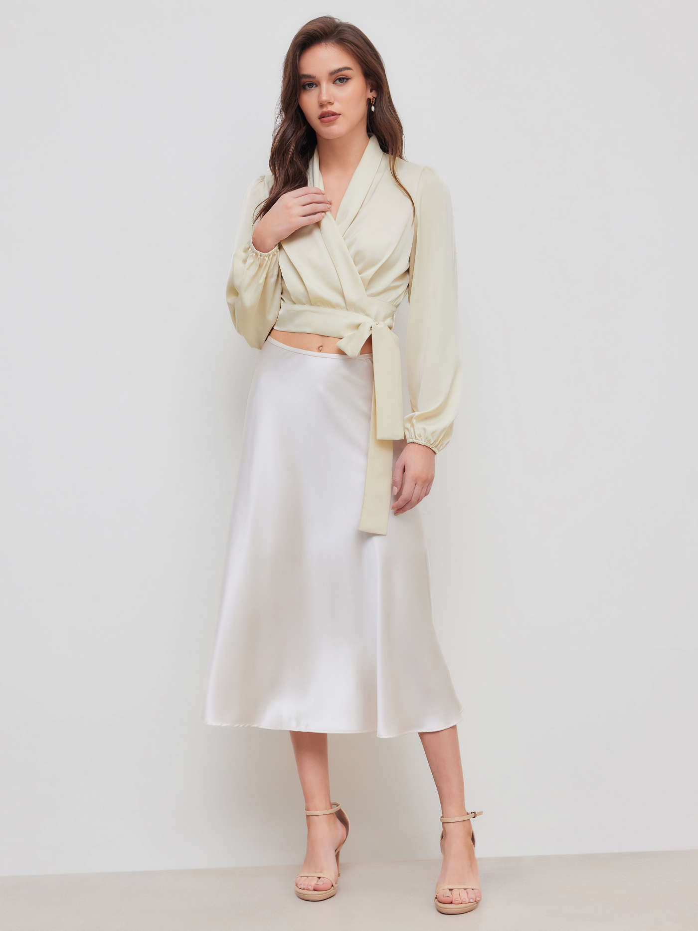 Satin V-neck Solid Knotted Long Sleeve Crop Blouse