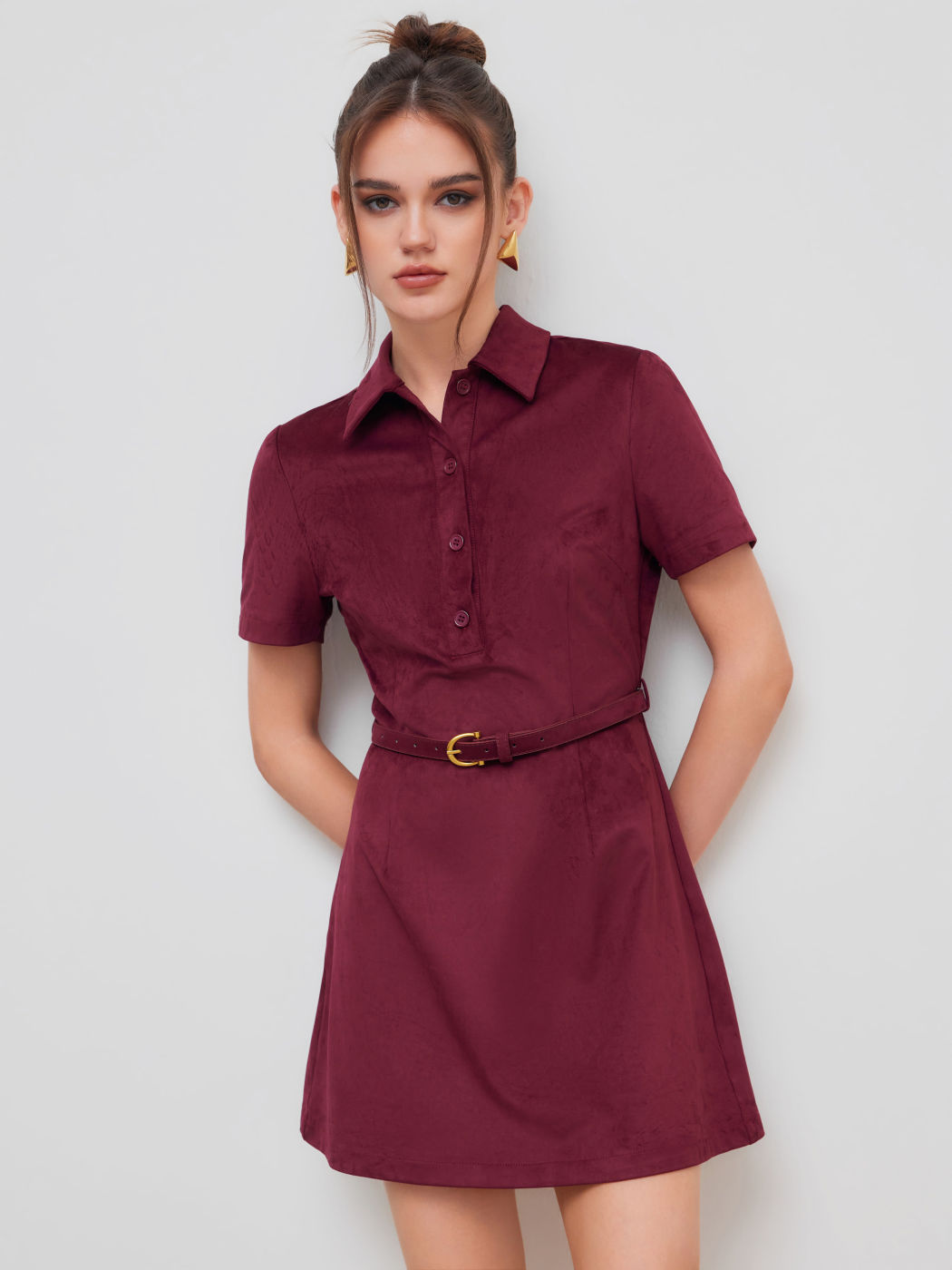 Suede Collar Solid Mini Shirt Dress With Belt