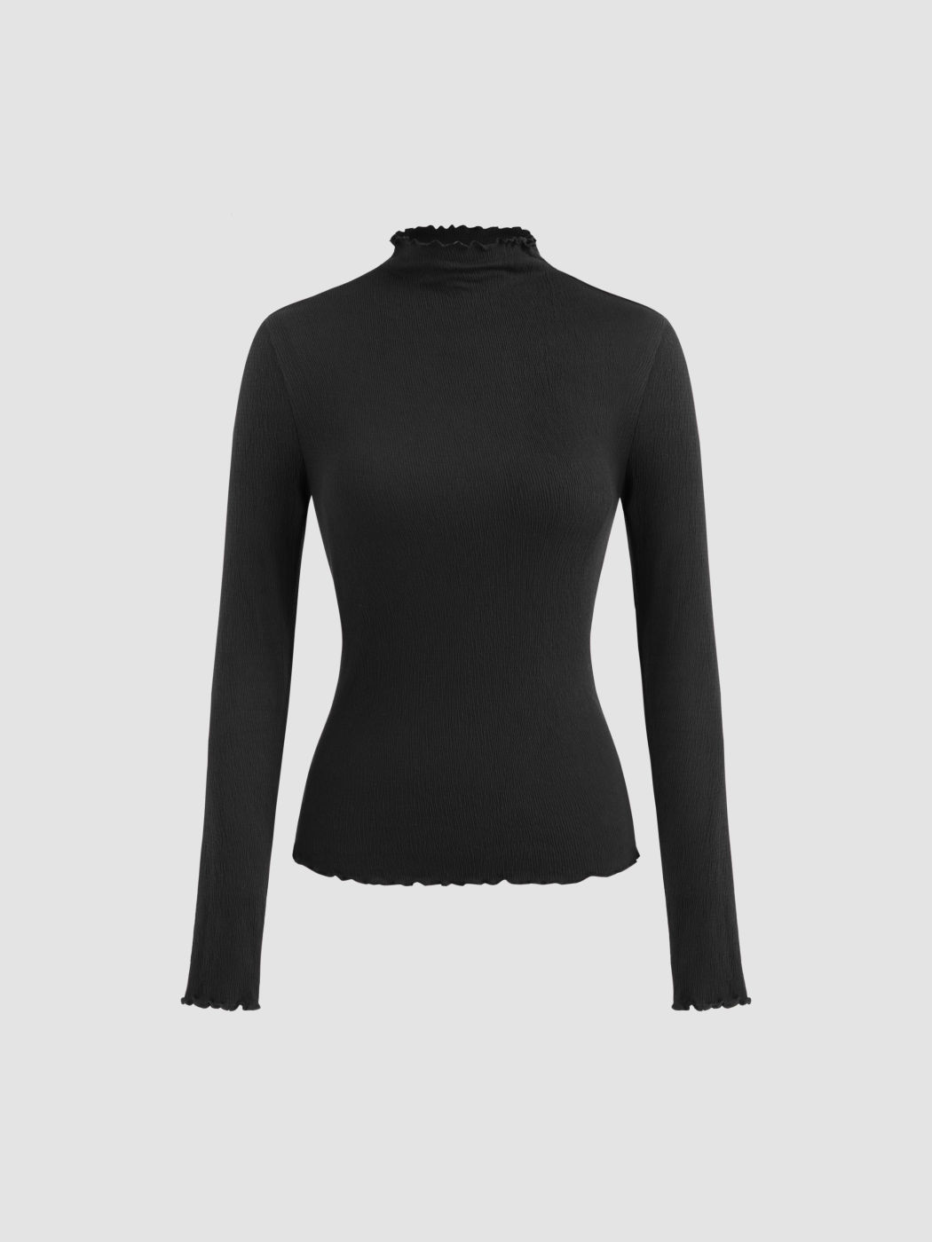 Top a maniche lunghe in misto cotone con scollo alto e bordi in lattuga