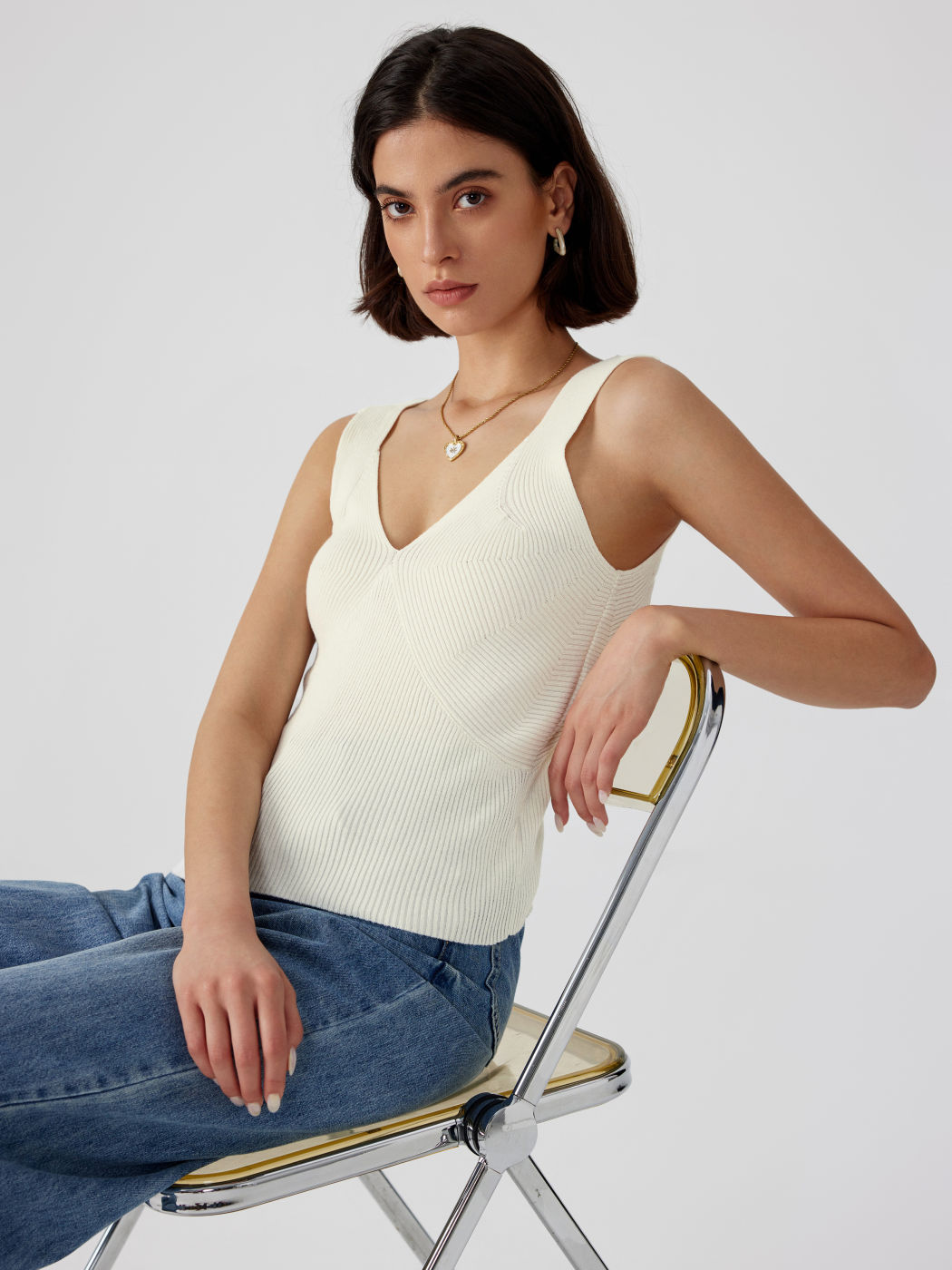 V-Ausschnitt Unifarbenes Stricktop