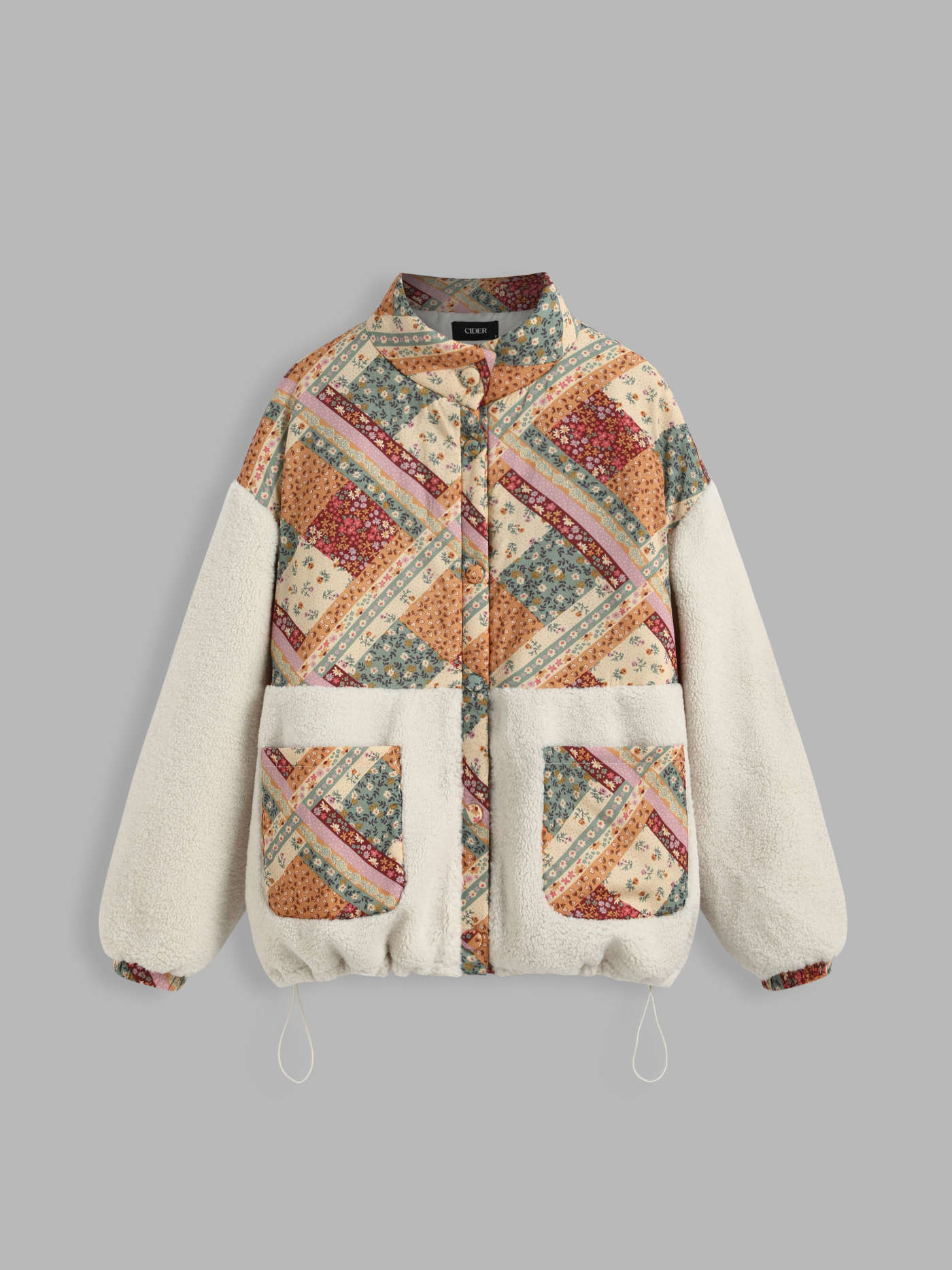 Fleece Stand Collar Floral Colorblock Drawstring Jacket