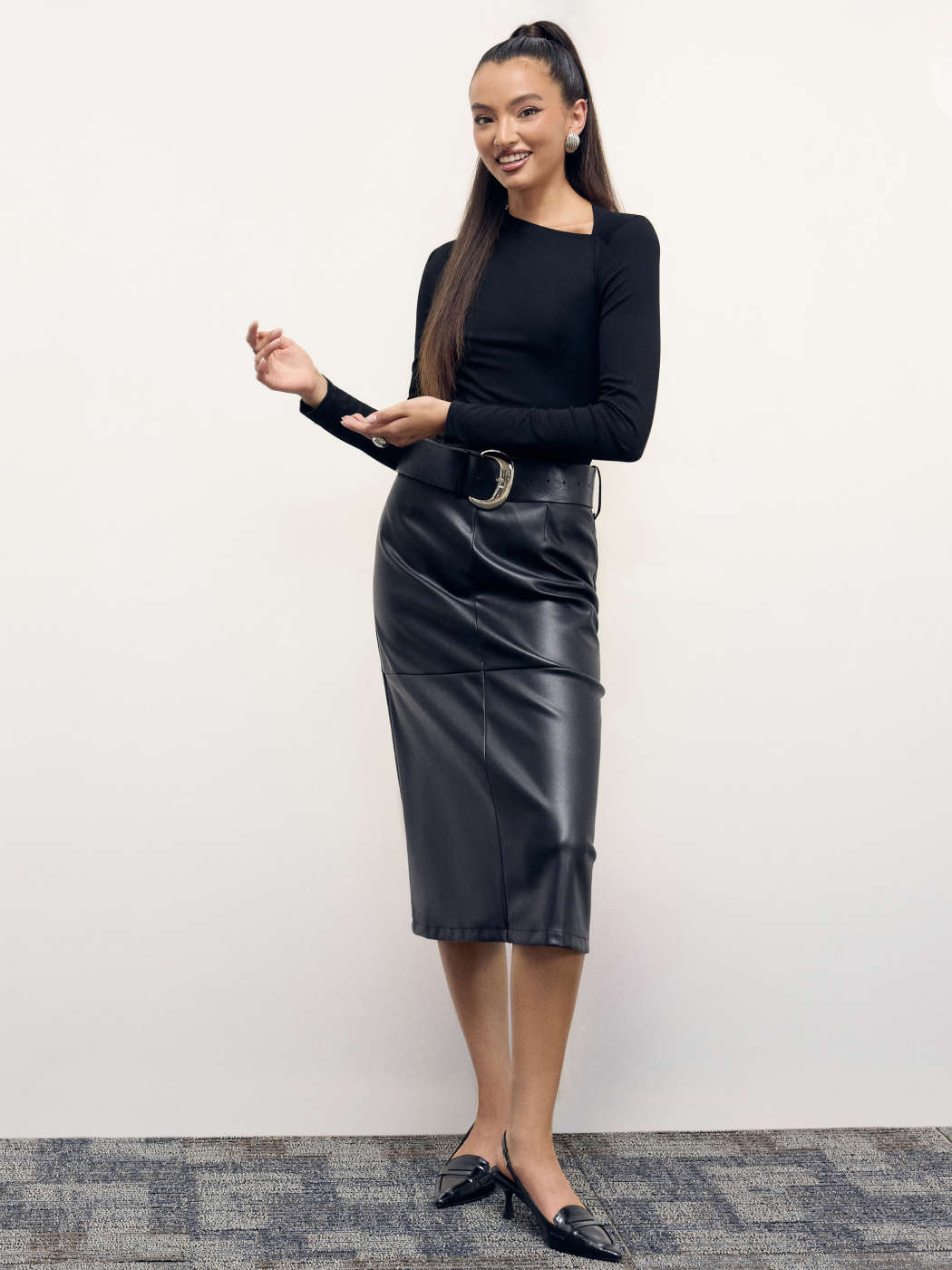 Faux Leather Midi Skirt Plain Black Leather Skirt Black Faux
