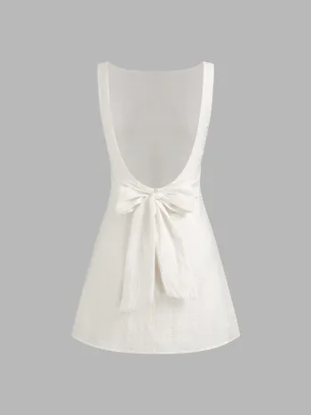 Linen-blend Boat Neck Solid Knotted Backless Mini Dress