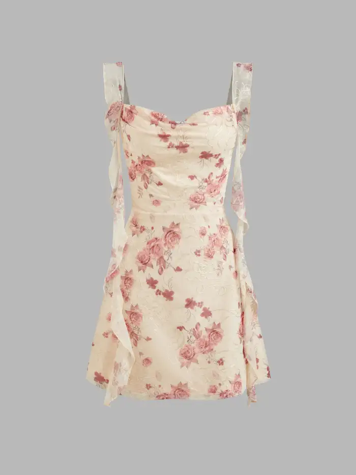 Square Neck Lace Floral Ruffle Hem Ruched Mini Dress