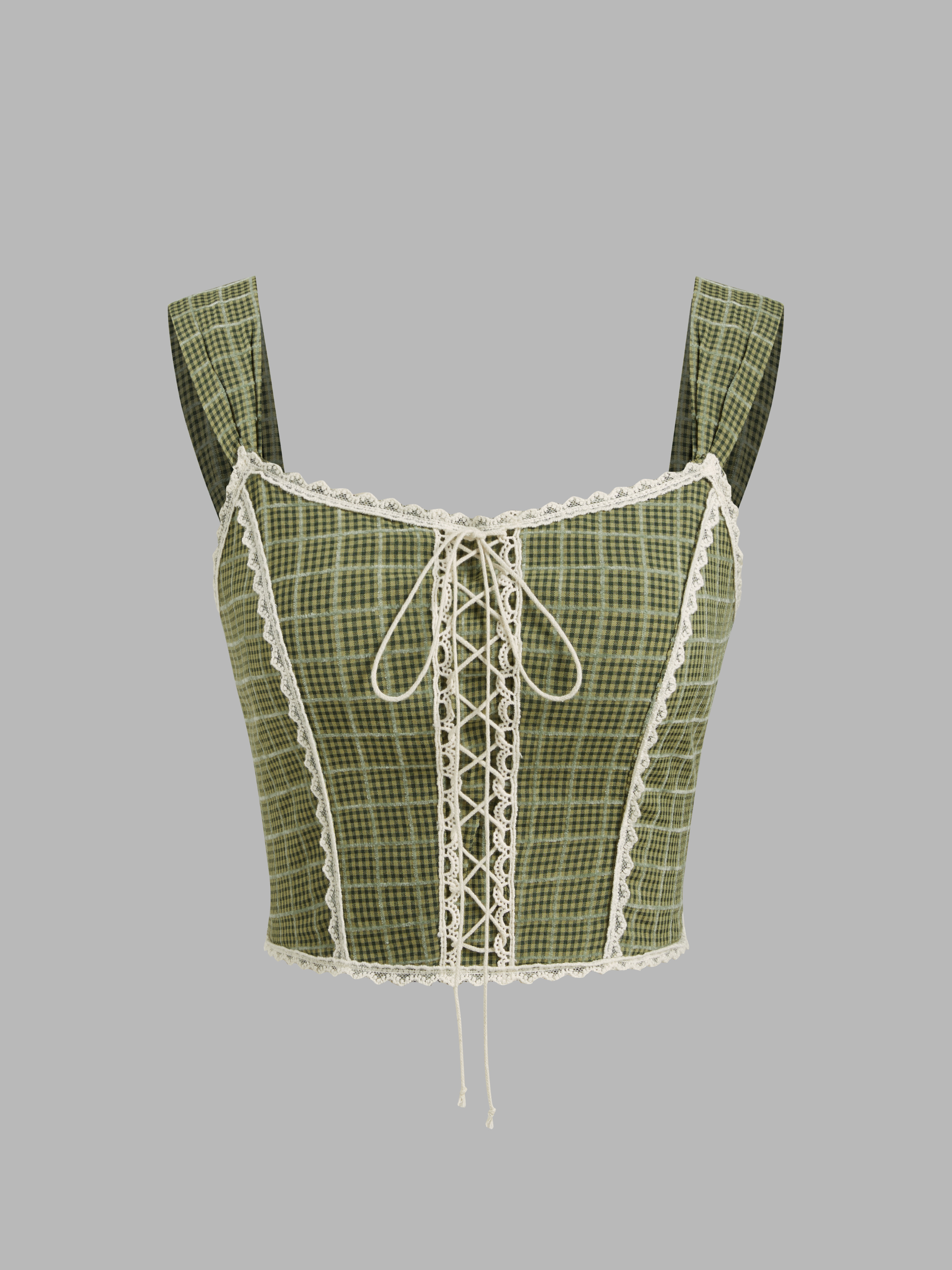 Woven Square Neck Check Lace Up Shirred Crop Tank Top For