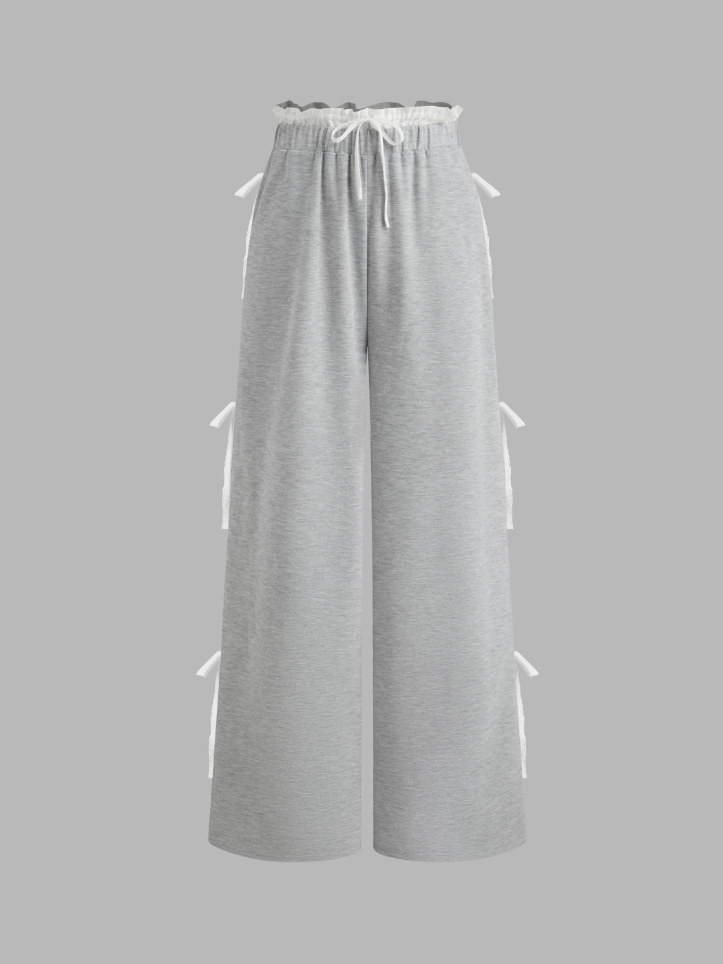 Pantalones de pierna ancha con bolsillos, ribete de lechuga y moño, color sólido y subida media