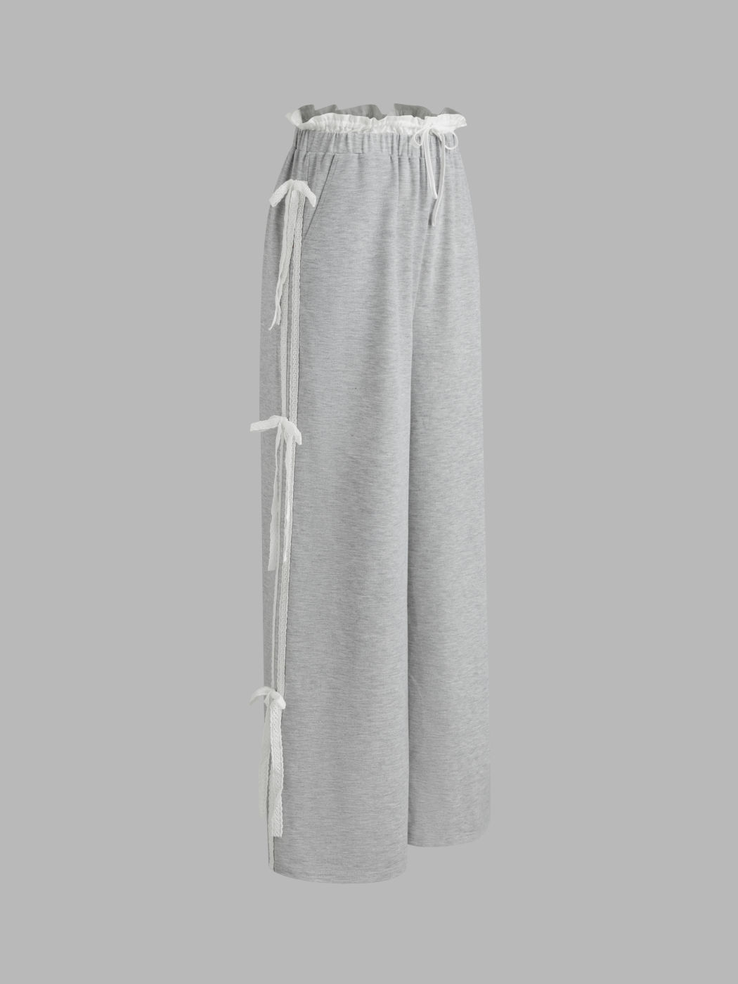 Pantalones de pierna ancha con bolsillos, ribete de lechuga y moño, color sólido y subida media