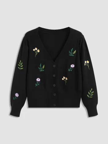 Strick V-Ausschnitt Blumenstickerei Knopf Strickjacke Kurve & Plus
