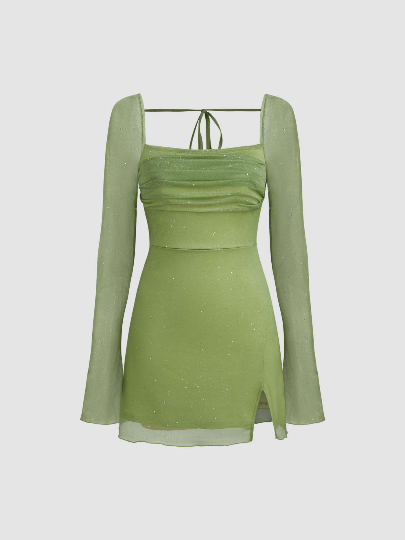 Jersey Square Neck Solid Glitter Knotted Mini Dress For Wedding